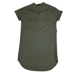 Theory Button Short Sleeve Shirt Stretch Dress w/ Chest Pockets Women Army Green